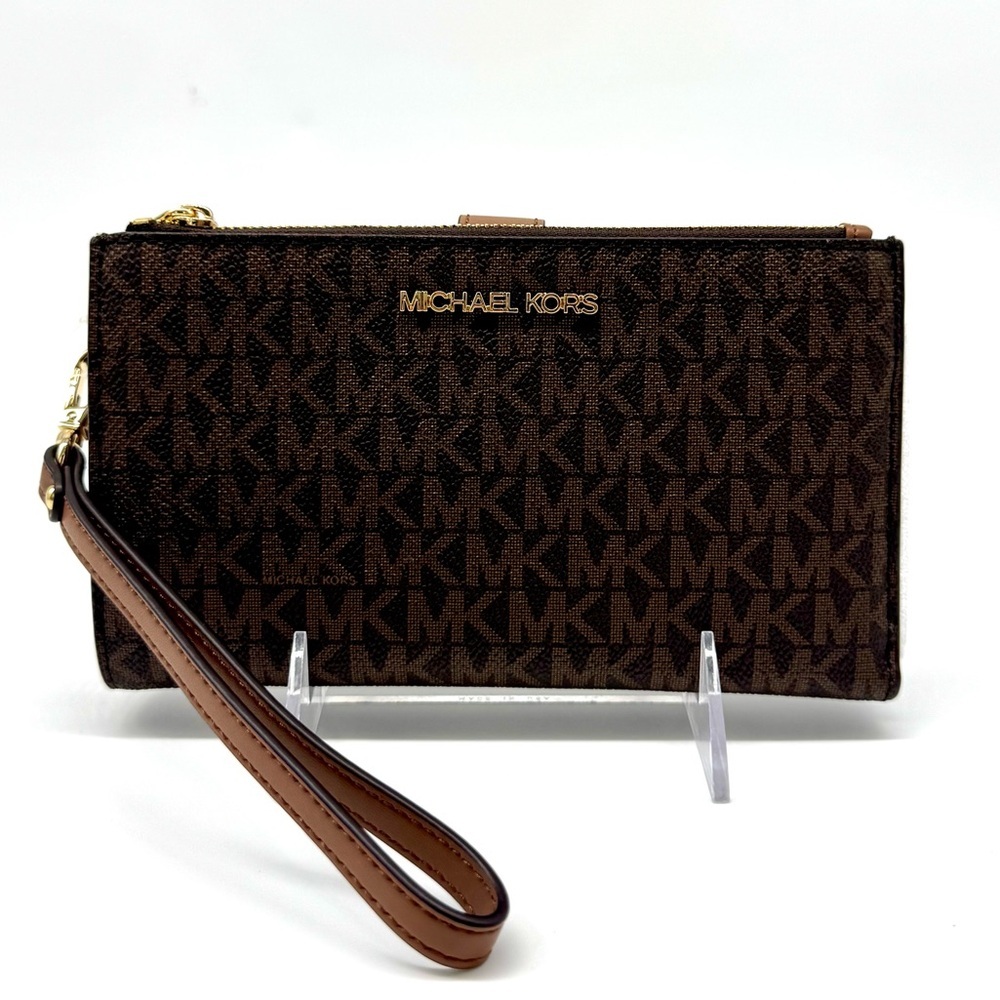 Michael Kors Large Jet Set Travel Signature Double Zip Wallet Wristlet Brown